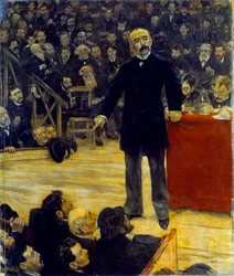 フェルナンド・サーカスで演説するジョルジュ・クレマンソー（1841-1929）（1883年）。ジャン・フランソワ・ラファエリ（1850-1924）の絵