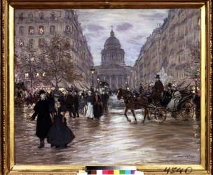 ""Boulevard Saint Michel"" パリのリュクサンブール公園とサン ミッシェル大通りから見たスフロ通りとパンテオンの眺め、夕暮れ時にはタクシーとエレガントなカップルが通りを活気づけます。 ジャン・フランソワ・ラファエリの絵画 (18)
