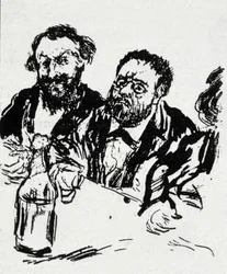食卓を囲む画家エドゥアール・マネ（1832-1883）と作家エミール・ゾラ（1840-1902） ジャン・フランソワ・ラファエリ（1850-1924）の風刺画