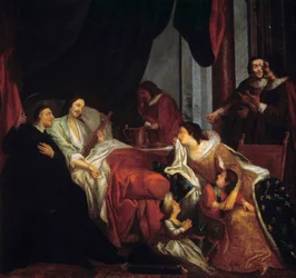 ルイ13世の死の床の前に立つ聖ヴィンセント・ド・ポール（1581-1660年） ジャン・フランソワ・ド・トロイ（1679-1752年）による絵画 17世紀のパリ。ラザリストのミッション