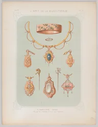 ゴールドとローズゴールドのジュエリーデザイン、1879年。