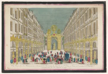 1745 年にフランス王ルイ 15 世が修復された際のパリのフェロンネリ通りの装飾の眺め パリのサン ドニ通りのコート (...) (タイトルは o のタイトル)