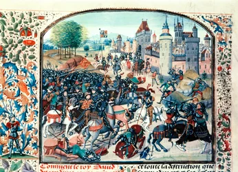 1346年、スコットランド王デイヴィッド2世率いるイングランド軍とスコットランド軍によるネヴィルズクロスの戦い。