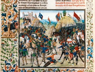 クレシーの戦い：黒太子エドワードが弓矢隊を含むイングランド軍を指揮し、強力なフランス軍と戦う。