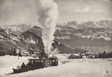 ヴィッツナウ リギ鉄道のウィンター スポーツ トレイン、リギ カルトバード (白黒写真)