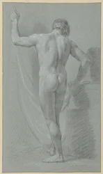 後ろから見た、カーテンの前に立っている男性のヌード