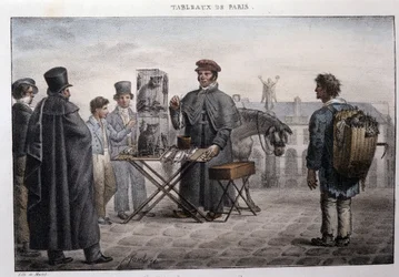 パリのかつてのストリートメティエ：鼠の死の商人（キャメロット）。ジャン・アンリ・マルレ（1771-1847）の版画、「Les Tableaux de Paris」（72枚組）、19世紀後半。
