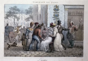 パリの古い街並み：事故（通行人に支えられた女性）。ジャン・アンリ・マルレ（1771-1847）による版画。「Les Tableaux de Paris」（72枚組）に収録されているもので、19世紀後半の作品。