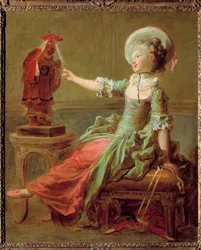 中国の彫像に髪を引っ張られて楽しむ少女。ジャン・オノレ・フラゴナール（1732-1806）の絵画 18世紀 個人蔵