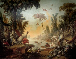 ジャン・バティスト・ヒュエ（1745-1811）とジャン・オノレ・フラゴナール（1732-1806）が実現したサロン・デマルトーのパネル「エシャシエルのある風景」。