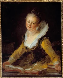 勉強する。書斎で本をめくって勉強している女性。ジャン・オノレ・フラゴナール（1732-1806）の絵画