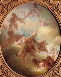 雲の中の愛の群像。ジャン・オノレ・フラゴナール（1732-1806）の絵画 18世紀 日0,56x0,65 m パリ・ルーヴル美術館