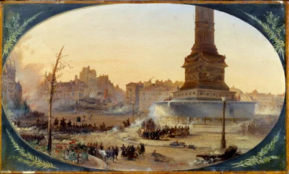 1848年の革命。"View of the Place de la Bastille and the barricade of the entrance of the Faubourg Saint Antoine the 25/06/1848" ジャン・ジャック・シャンパン（1796-1860）によるマルフール紙に描かれた絵画 1848年 日。0.28 x 0.43 m パリ、カルナヴァレ美術館