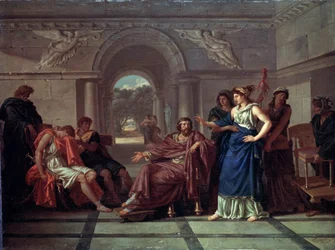 Helen Recognizing Telemachus, Son of Odysseus (Helen Recognizing Telemachus, Son of Odysseus). ホメロスのオデッセイ (紀元前 8 世紀後半) のギリシャ神話のシーン。 Jean Jacques Lagrenee（1739-1821）による絵画、木に油彩