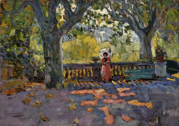 A jovem tem o guarda-chuva no terraço sombreado. Pintura de Jean-Jacques Roque (Jean Jacques Roque