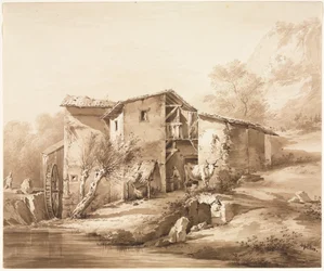 水車のある風景、c、1790。