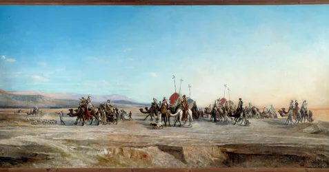 砂漠で遊牧民とラクダのキャンプ キャラバンを探しています。 Jean Joseph Bellel (1816-1898) の絵画 19 世紀 モンペリエ、ファーブル美術館 - キャンプを探しています。 砂漠の遊牧民のキャラバンとラクダ。 ジャン・ジョセフ・ベレル（1816-1898）の絵画