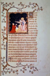 ベリー公ジョン1世（1340-1416）聖三位一体の前で ミニチュアは1375年頃、黒髪のジョンによって盛り上げられた写本（ms.lat.18014）「ベリー公ジョンの小さな時間」から取られたもの。パリ、B.N.