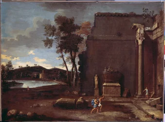 石棺のある風景。 ジャン・ル・メール (1597-1659) の絵画。 フランスの芸術、キャンバスに油彩。 エルミタージュ美術館、サンクトペテルブルク