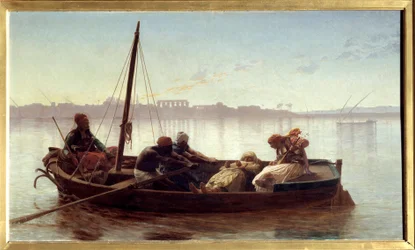 囚人 エジプト人の船乗りがナイル川で船に乗せて運ぶ囚人。ジャン・レオン・ジェローム(1824-1904)画 1861 Sun.0.45x0.78 m ナント、ボザール美術館（Musee des Beaux Arts