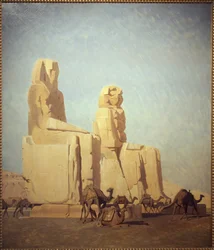 テーベの巨像、メムノンとセソストリス。習作。ジャン・レオン・ジェローム（1824-1904）による絵画、油彩、キャンバス
