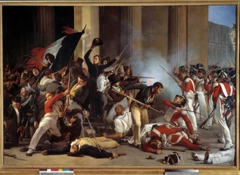 1830年の革命。"Three Glorieuses, prise du louvre le 29/07/1830 et massacre des guards swiss" Jean Louis Bezard (1799-apres 1861) 画 1830 Sun.1,76 x 2,45 m Paris, musee Carnavalet - 1830年の革命。「ルーブル美術館の奪取