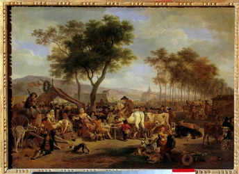村の入り口の縁日 村の縁日での食べ物や商売の風景。ジャン＝ルイ・ドゥマルヌ（1744-1829）の絵画 日。036x0.5m