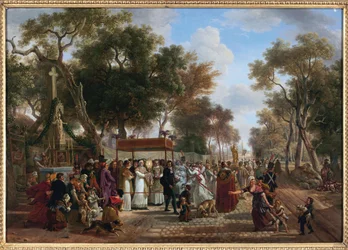 La procession du Corpus Christi dans un village - Jean Louis Demarne (De Marne or Demarnette) (ca. 1752-1829)による「ある村のコーパス・クリスティの行列」。木に油彩。寸法：48x67cmプライベートコレクション