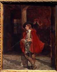 ""Le swashbuckler in a red cloak"" (赤いマントを着たスワッシュバックラー) 棒にさりげなく寄りかかっている銃士、剣の決闘の恋人を表現。 Ernest Jean Louis Meissonier (1815-1891) による絵画 19 世紀のプーシキン美術館、モスクワ