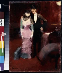 パリオペラ座での仮面舞踏会の出発。 Jean-Louis Forain (Jean Louis Forain) の絵画