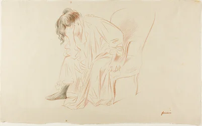座っている女性、右手で頭
