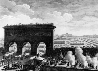 フランス革命。1790年7月14日、パリのシャンデ・マルスで行われた連邦の饗宴。プリオールの後にベルソーが描いた版画。パリ、革命史研究所の図書館