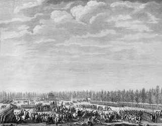 フランス革命。1790年1月12日、パリのシャンゼリゼ通りで、ラ・ファイエット侯爵ジルベール・デュ・モティエ（1757-1834）が200人の兵士を規律違反で武装解除させた。プリオールの後にベルソーが描いたエングレーヴィング。パリ、フランス史研究所の図書館