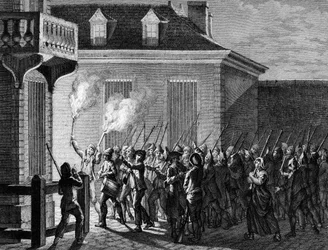 フランス革命。1789年7月12日から13日の夜、民衆によって守られるパリ。プリオールの後にベルソーが描いた版画。パリ、革命史研究所の図書館