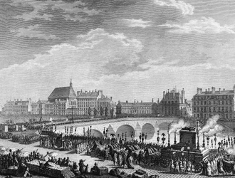 フランス革命。1791年7月11日のフランソワ・マリー・アルエ・ディット・ヴォルテール（1694-1778）の凱旋（ヴォルテールの遺骸のフネーブル・タンクは王宮橋を通過する）。プリオールの後にベルソーが描いたエングレーヴィング。パリ、歴史研究所の図書館
