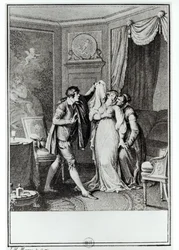 「そのベールを脱ぎなさい」と老人はカンディデに言った、フランソワ・ヴォルテール（1694-1778）による「カンディデ」の第7章のイラスト1787（彫刻）（bw写真）