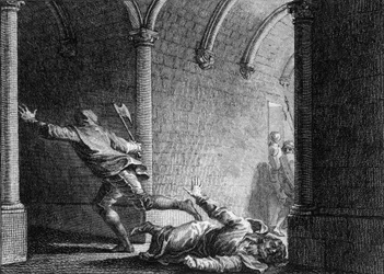 681年、ネウストリア宮宰エブロインの暗殺。彼は財産を奪った領主エルマンフロワに斧で殺された。ジャン・ミシェル・モロー、通称モロー・ル・ジュヌ（1741-1814）による版画