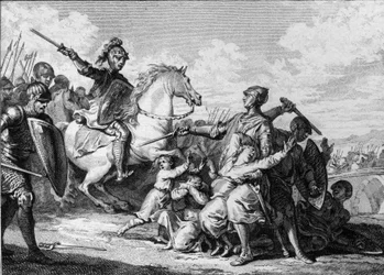 613年、ネウストリア王クロタール2世（584-628）の面前で行われたブルグント王ティエリ2世の息子たちの暗殺。その中にはシギベルト2世（601-613）もいた。ジャン・ミシェル・モロー、通称モロー・ル・ジュヌ（1741-1814）による版画