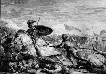 フォントノワの戦い、841年： ロトヘイル1世（795-855）の軍の敗北後の逃走。Jean Michel Moreau, dit Moreau le Jeune (1741-1814)による版画。
