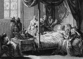 フランク王国の王ダゴベール1世（602/605-638）の死、妻の王妃ナンティルデ（約610-642）と息子のクローヴィス2世（約635-657）の前で。ジャン・ミシェル・モロー（モロー・ル・ジューン）（1741-1814）によるエングレーヴィング