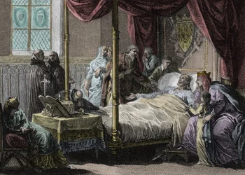 フランク王国の王ダゴベール1世（602/605～638年）の死、妻の王妃ナンティルデ（約610～642年）と息子のクローヴィス2世（約635～657年）の前で。ジャン・ミシェル・モロー（モロー・ル・ジューン）（1741-1814）によるエングレーヴィング