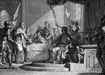 Interregne de Charles Martel, 737: ティエリー4世（713-737）の死後、パレの市長であったシャルル・マルテルがInterregneを務める。ジャン・ミシェル・モロー（モロー・ル・ジュンヌ）（1741-1814）によるエングレーヴィング