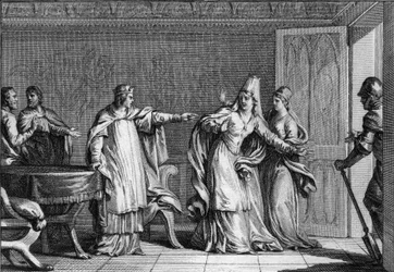 フランク王国の王ルイ5世（966-987年）は、夫のロタイヤ王（941-986年）を毒殺したとされる母のイタリア王妃エマ（945-988年）を追放した（987年）。ジャン・ミシェル・モロー（モロー・ル・ジューン）（1741-1814）によるエングレーヴィング
