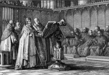 フランク王国の王ロバート2世（970-1031）が、講壇の前で宗教儀式を行っている様子。王冠をかぶり、笏を持っています。ジャン・ミシェル・モロー（Moreau le Jeune）（1741-1814）によるエングレーヴィング