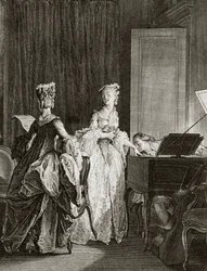スイスの哲学者Jean Jacques (Jean-Jacques) Rousseau (1712-1778)の「Julie ou la nouvelle Heloise」のチェンバロに向かうサン・プレウとクレール-Moreau le jeune, Jean Michel (1741-1814)のエングレーヴィング（サン・プレウ、チェンバロに落ち着く、kisse