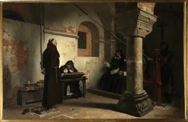 異端審問裁判所の前のベルナール・デリシュー (1260-1319) - ジャン・ポール (ジャン・ポール) ローレンス (1838-1921) による絵画、キャンバスに油彩、1881 年頃、79x121 cm - (異端審問裁判所の前のベルナール・デリシュー、油彩)ジャン・ポール・ローレンスのキャンバス) - Sta
