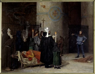 1066年から1087年（1087年）までイングランドの王であった征服王ウィリアム（1027-1087）の葬儀を、カーンのアビー・オ・オム（Abbey-au-Hommes）で行う。アセリンという男が儀式を中断している。ジャン・ポール・ローレンス（1838-1921）の絵