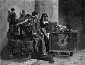 教皇と奉行も「シクステ4世（1471-1484）とトマス・デ・トルケマーダ（1420-1498）」と言っています。ジョン・ポール・ローレンス（1838-1921）の絵の後のエングレーヴィングです。