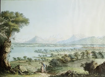 ジャンフィリップリンクII（1770-1812）とジェイコブフィリップハッカート（1737-1807）によって彫刻された、モンブランを手前にしたモンブランの眺め