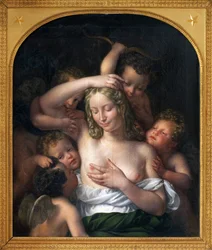 ニンフと愛。ジャン・ピエール・グランジェ（1779-1840）による絵画、木に油彩、96.5×82cm